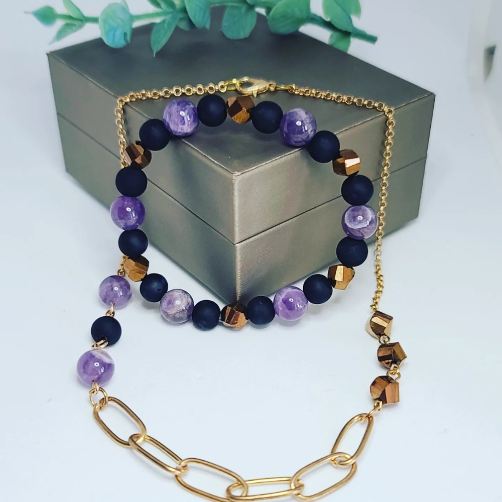 Amethyst, Matte Black Beads and golden Czech glass set